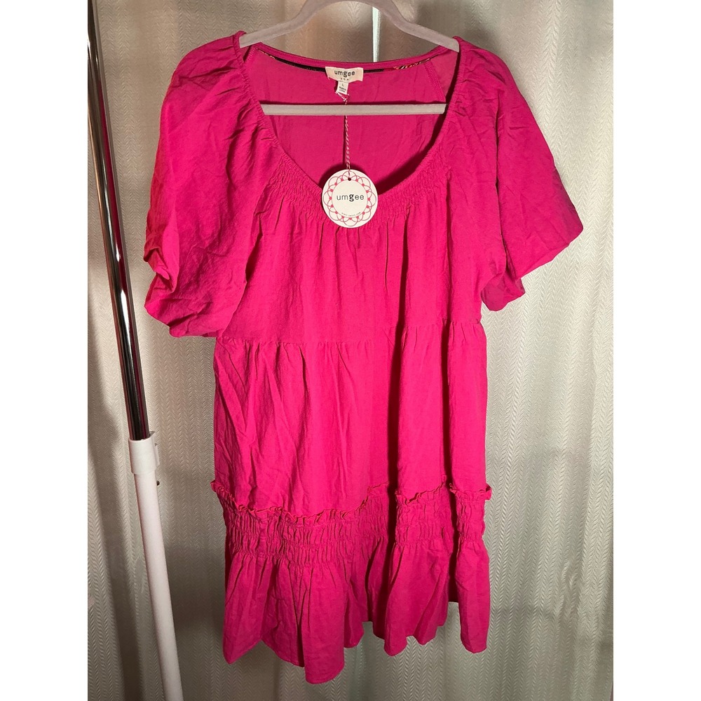 Umgee Pink Tiered Mini Dress Womens L Short Sleeve Babydoll Smocked Ruffle